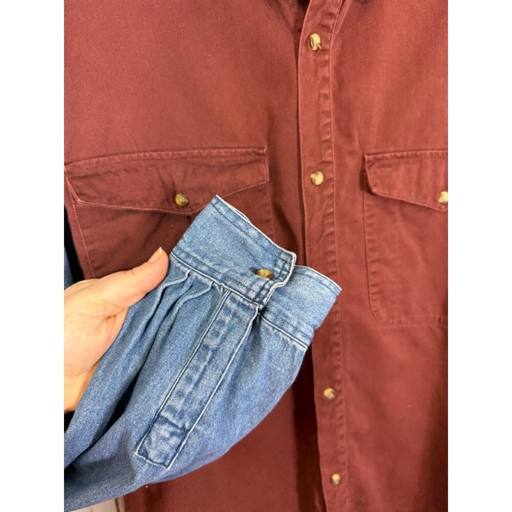 Denim Express Two-Tone Button-Down Shirt in Maroon and Light Blue Denim. Size XL - Picture 2 of 5